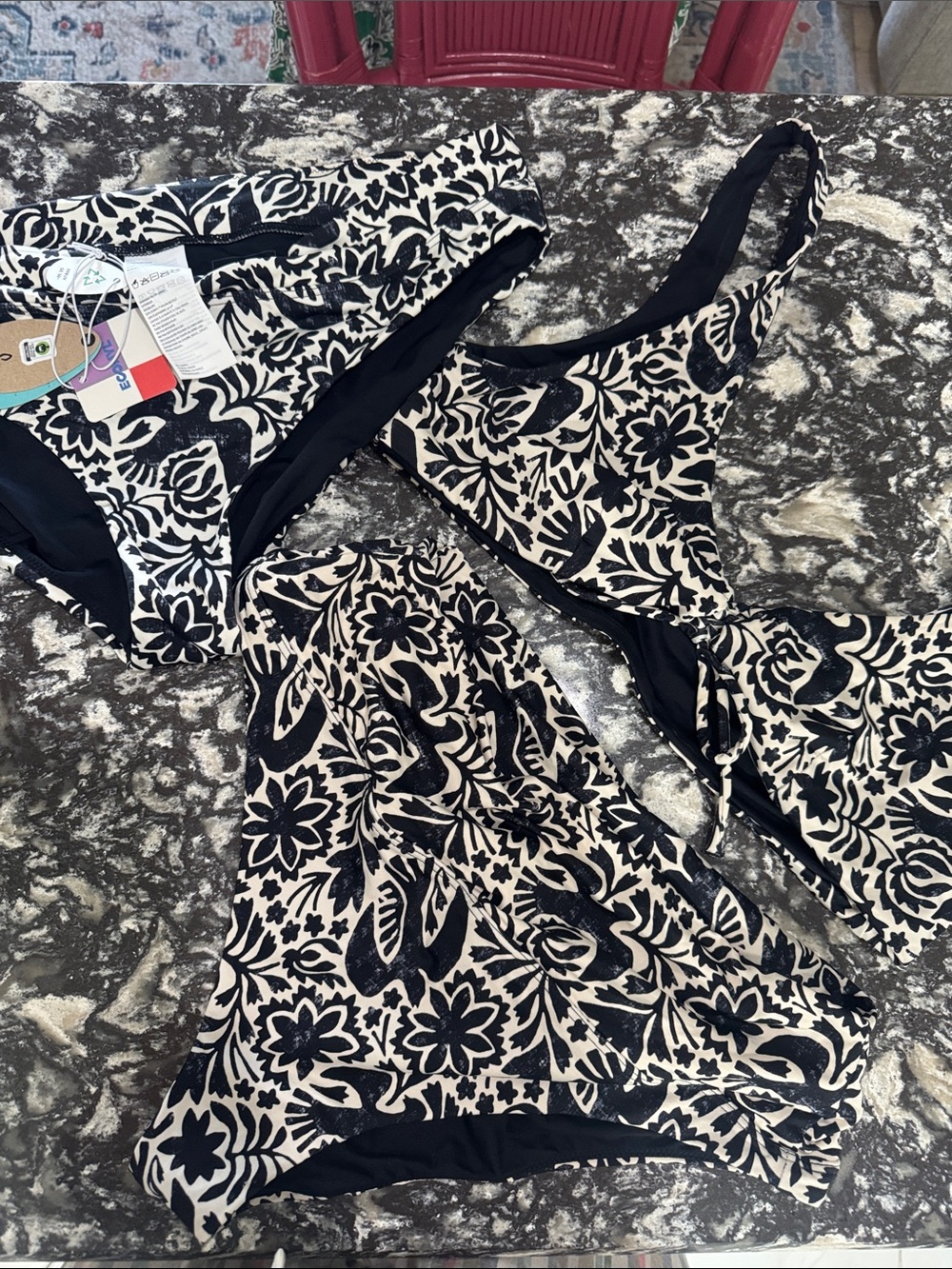 Prana Black and Cream Floral Bikini Set